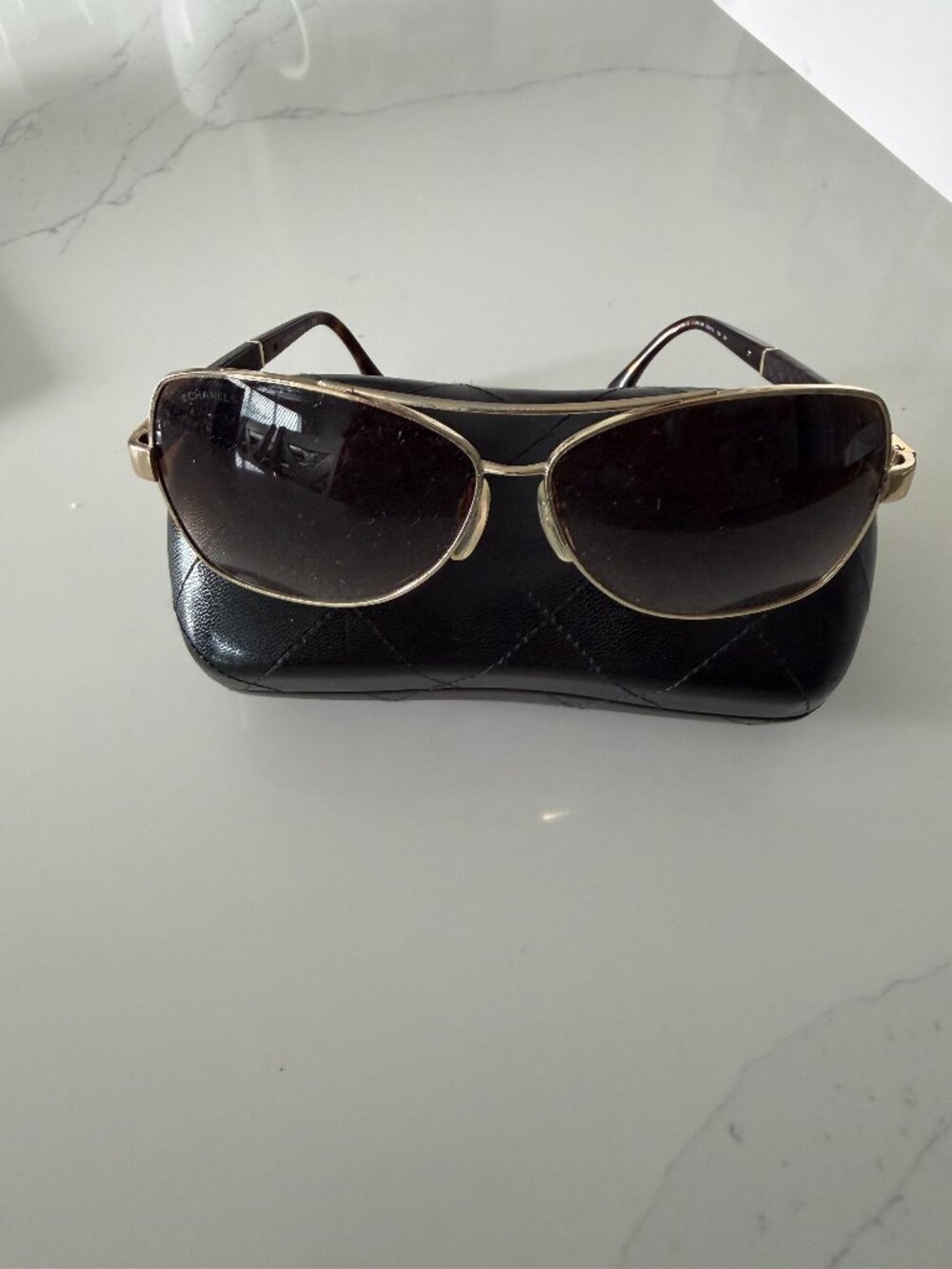 Chanel Gold Quilted Leather Aviator Sunglasses 4196-Q